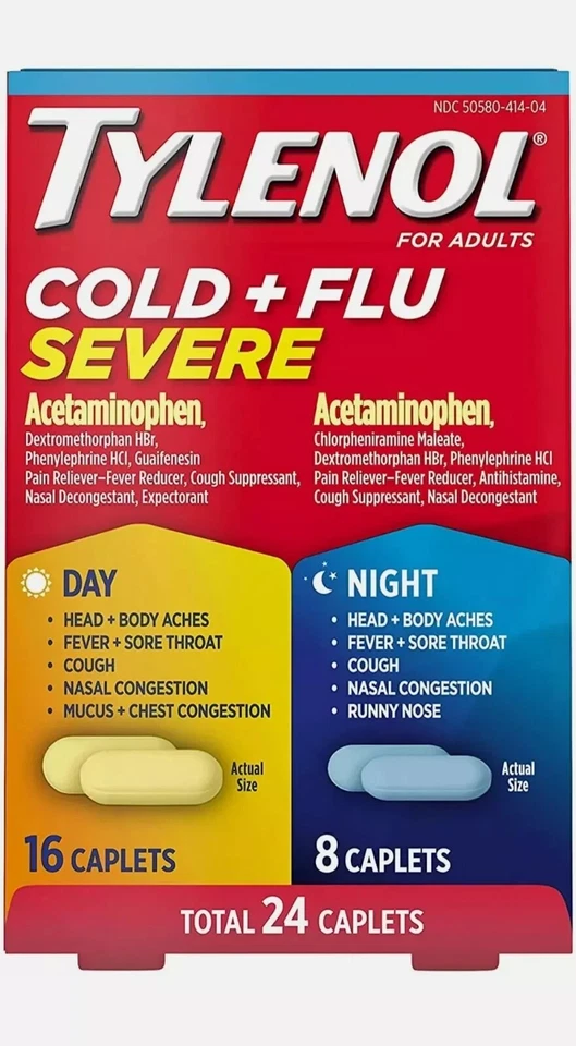 Tylenol Resfriado y Gripe Severo Día/Noche Acetaminofén 24 Comprimidos. EXP. 12/2025 Foto 1 de 4