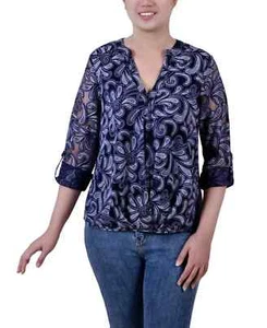 NY Collection Women's Petite PM 3/4 Sleeve Button Up Floral Blouse V Neck Blue - Picture 1 of 2