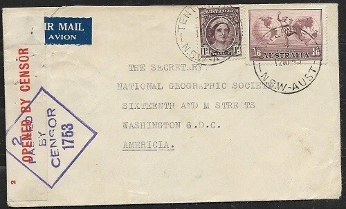 AUSTRÁLIA 1945 NA CAPA CENSURADORA PASSADA DE TENTERFIELD PARA EUA 1/6 SHISLING FVF - Imagem 1 de 1