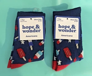PATRIOTIC AMERICANA POPSICLE CREW SOCKS KID'S SIZE 5-10 NWT HOPE & WONDER 2 Pair - Picture 1 of 2