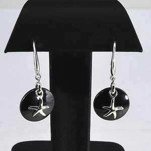925 Silber Haken Ohrringe Seestern Seestern auf schwarzem Keramik Kreis   - Bild 1 von 3