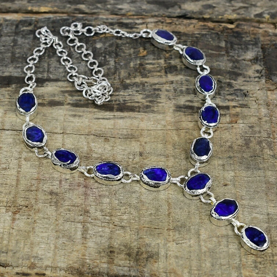 Zaffiro Blu Creato IN Laboratorio Gemma Elettroformati 925 Argento Collana - Immagine 1 di 4