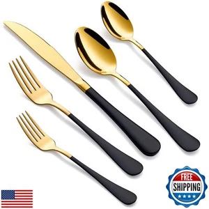 MDEALY 20-Piece Gold and Black Silverware Set for 4, 18/0 Stainless Steel Fla - Picture 1 of 5