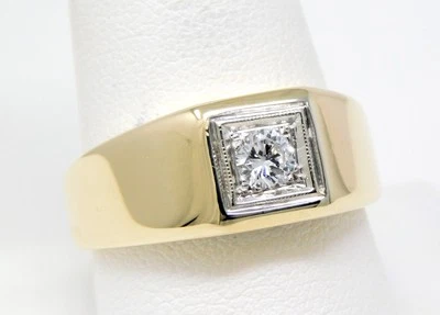 13 k Yellow & White Gold Diamond Squared Flat Top Gents Ring Size 10 1/2 B6775 - Image 1 of 4