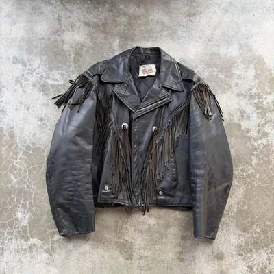 Chaqueta De Colección Excelled Para Hombre 46 Negro Cuero Flecos Western Motorcycle Años 80 Foto 1 de 4