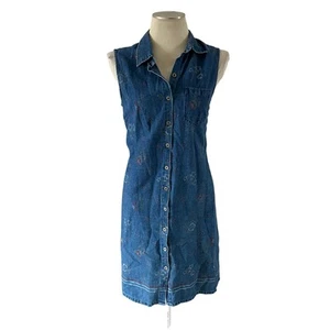 Vtg Y2K 2000s Blue Linen Shirt Dress Floral Print Sz L Cottagecore Denim Button - Picture 1 of 9