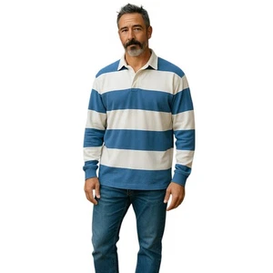 Mens BLZ Size Large Striped Rugby Long Sleeve Polo Shirt Traditional Fit Blue - Picture 1 of 9