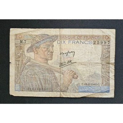 1942 Banque De France - 10 DIX FRANCS WW 11 Banknote - M.7 25997 - 016125997 - Image 1 of 2