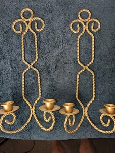 Pair of HOMCO Gold Tone Twisted Metal Wire Double Candle Holder Wall Sconce MCM - Picture 1 of 4