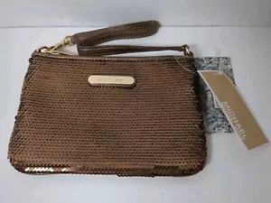 New Michael Kors Jet Set Brown Sequins & Leather Zip Clutch Wristlet Wallet Bag - Picture 1 of 8