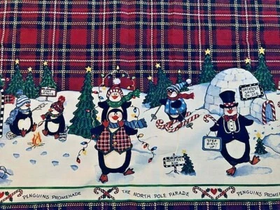 DAISY KINGDOM Red Plaid Border PENGUIN Cotton FABRIC Sandi Gore Evans REMNANT - Image 1 of 4