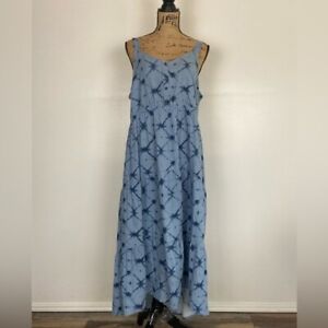 Sonoma Linen Blend Maxi Dress Size XL Blue Tiered Galaxy Print Side Pockets