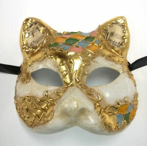 Venetian Cat Antique White Paper Mache Masquerade Mask Music Green Pink Blue 