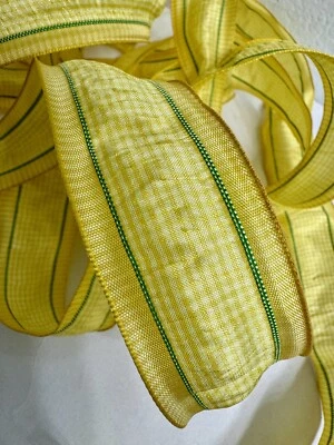 Vintage French Silk Ribbon Lemon Yellow W Green Accent Made France 1.5” x 75” - Image 1 of 4