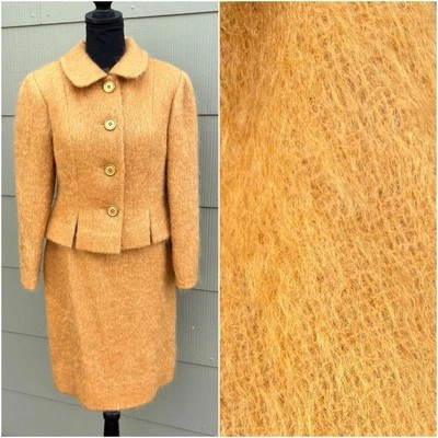 vtg 60s Classy Preppy Mod Ochre Brown Fuzzy Mohair Jacket Skirt Suit 2 Piece Set - Image 1 of 4