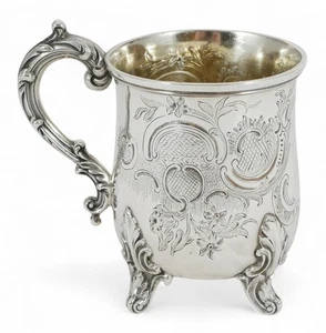 Antique Victorian 1840 Sterling Silver Christening Mug Tankard Cup Repousse JA - Bild 1 von 13