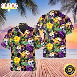 Tropical Floral Skull Aloha Beach Skulls Summer Hawaiian Shirt - Picture 1 of 5