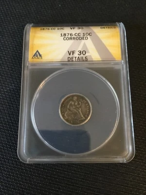 1876 cc seated liberty dime vf detail corroded - Image 1 of 2