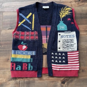 VTG Sweater Loft Vest Fall Teacher Back to School 90s Women’s Medium Bus Books - Picture 1 of 11