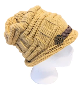 Golden Tan Knitted Hat Baggy Warm Soft Cap Comfy Stretch Beanie Women's Fashion - Picture 1 of 6