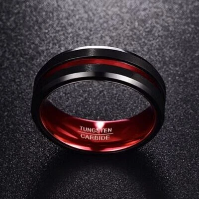 Anillos con bordes biselados con acabado mate - Anillo de carburo de tungsteno rojo joyería de calidad para hombre Foto 1 de 4