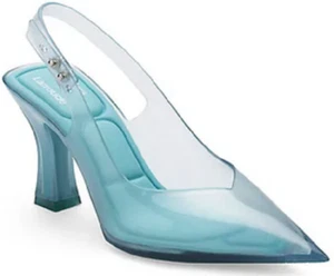 New LARROUDE Baby Blue PVC Slingback Point Toe Flared Heel Pumps EU 35.5 - Picture 1 of 8