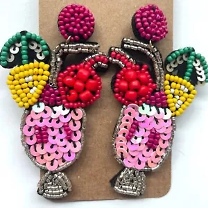 Beaded Sequin Pink Drink Earrings - Picture 1 of 4