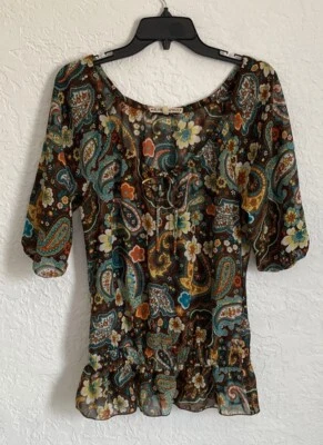 Top boho casi famoso para mujer talla grande marrón verde azulado peplum artístico Foto 1 de 4
