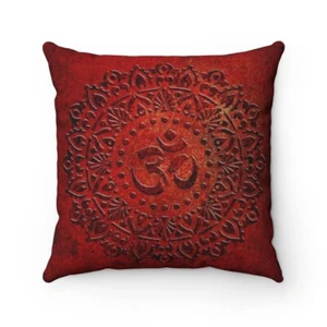 Ohm Symbol Mandala style Print on Red Background Spun Polyester Square Pillow. - Picture 1 of 13