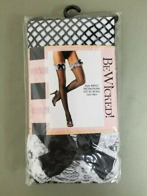 New Be Wicked Spandex Diamond Net Thigh High With Ruffle Lace Top And Bow. - Image 1 of 2