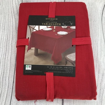 Envogue Tablecloth 60x120 Oblong Red Lace Trimmed 100% Cotton Christmas Holidays - Image 1 of 4