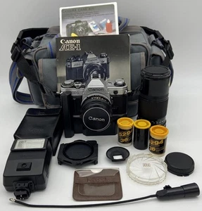 Canon AE-1 35mm SLR Film Camera w/50mm F/1.8 & 100mm f/4 Lens & Accessories - Picture 1 of 24