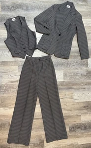Vtg 3 Pc Pantsuit Women Vest Jacket Bell Bottom Wide Leg Plaid High Waist  Small - Picture 1 of 14