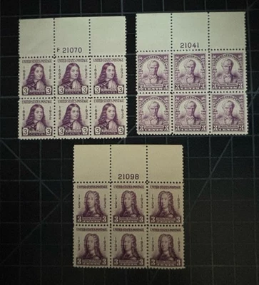 US Stamps-SC# 724 - 726 - Plate Blocks Of 6 - MNH - SCV = $47.50 - Image 1 of 2