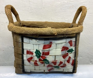 Vintage gewebter Weihnachtskorb bemalt Zuckerstangen 2 Griffe Sackleinen 12”x10”x10” - Bild 1 von 6