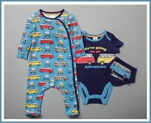 Baby Boys 3 Piece Starter Set Blue VW Volkswagen Campervan Babygrow 0-9 Mths NEW - Picture 1 of 15
