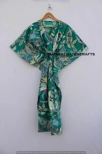 Women Cotton Green Summer Sleepwear Beach Cover Monkey Print Long Caftan Dress - Picture 1 of 7
