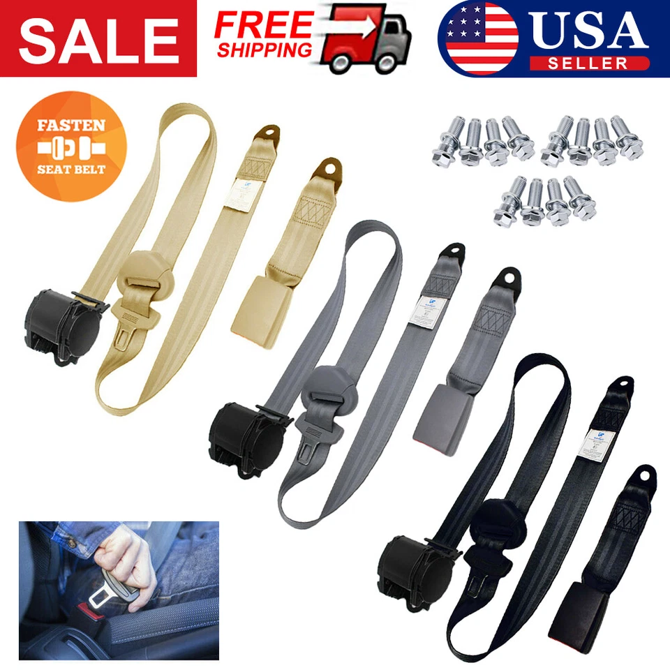 1/2Set Black Car Adjustable Retractable 3 Point Safety Seat Belt Straps Assembly - Image 1 of 4