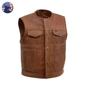 Men’s Vintage Brown Cowhide Leather Biker Club Vest Motorcycle Lowside Perforate - Picture 1 of 8