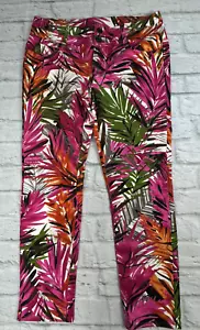 New Look Pink Green Jean Sz 14 Tapered Leg Cotton Blend Floral Tropical Holiday - Picture 1 of 9