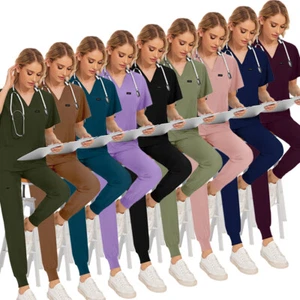 Women Men Scrub Sets Stretch Nurse Uniform V-Neck Top Jogger Pant Unisex Medical - Picture 1 of 72