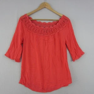 Just Jeans Top Womens 10 Orange BLouse Shirt Lace Trim Peasant Flowy Boho - Picture 1 of 12