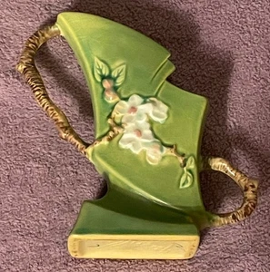 Vintage 1930s Roseville Pottery Green Apple Blossom Vase Art Deco 373-7 BEAUTY!! - Picture 1 of 5