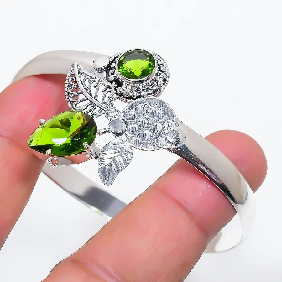 Green Peridot Gemstone Handmade 925 Sterling Silver Cuff Bracelet Adjustable - Image 1 of 1