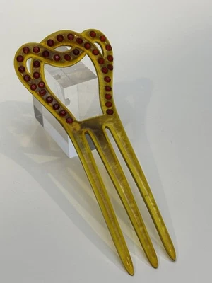 Старинный винтажный викторианский целлулоид расческа аксессуар желтые красные стразы - Изображение 1 из 4