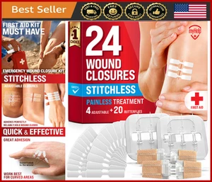 Emergency Wound Closure Strips 24pk - Stitchless Butterfly Bandages Kit - Picture 1 of 8