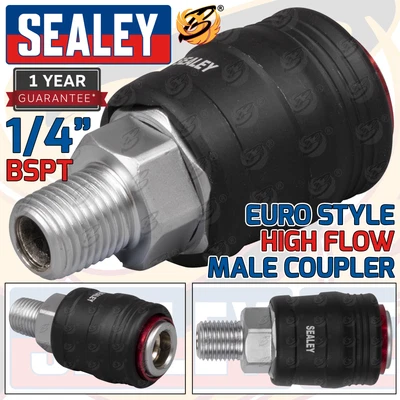 Sealey High Flow Air Fittings Male Coupler 1/4" BSPT Euro Style Coupling Adapter - Image 1 of 4