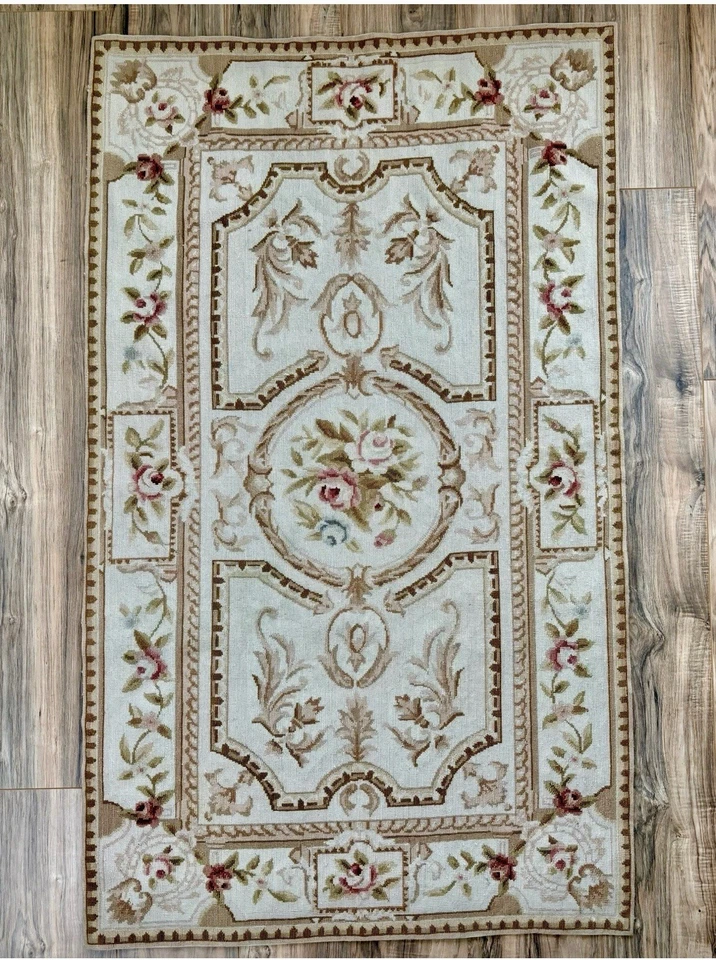 Antigua Alfombra Francesa Aubusson 3x5’ Hecha a Mano Punta de Aguja Lana Kilm Tapiz Floral Foto 1 de 4