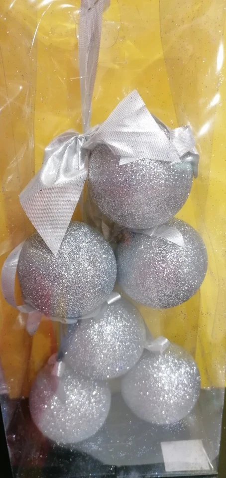 SET 6 PEZZI PALLINE A GRAPPOLO PER ALBERO DI NATALE IN PLASTICA GLITTER ARGENTO  - Immagine 1 di 1