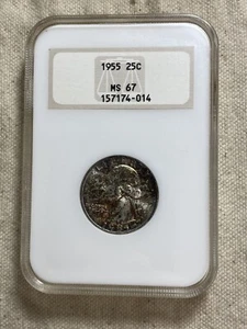 1955-P 25C Washington Silver Quarter GEM NGC MS67 Rainbow Toning NGC Fatty Slab - Picture 1 of 8
